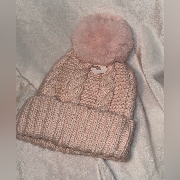 Michael Kors Fleece Lined Braided Knit Cuff Beanie Faux Fur Pom - Light Pink - Picture 3 of 8